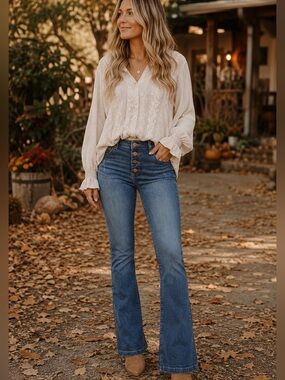 Risen Jeans 9/29 High Rise Button Fly Kick Flare Stretch Blue Denim Jeans